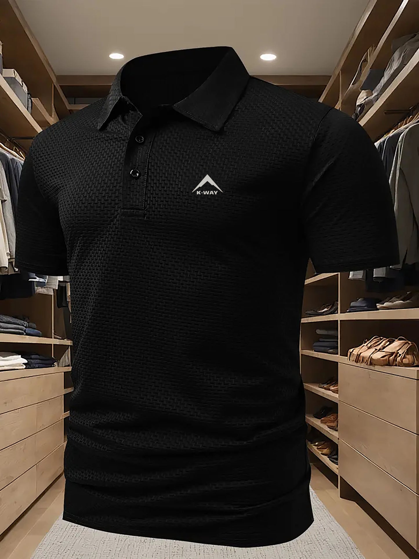 KWAY Men'S Breathable Mesh Short Sleeve Shirt - Lightweight Summer Golf & Business Casual Top with Moisture-Wicking Fabric, Regular Fit, Black with White Logo, Summer Golf Shirt | Stylish Collar Shirt | Moisturewicking Fabric