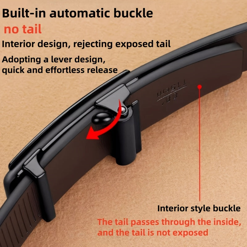 Men'S Golf Business Belt, Black Faux Leather, Fashion Golden Automatic Alloy Buckle, Durable, for Casual and Semi-Formal Wear