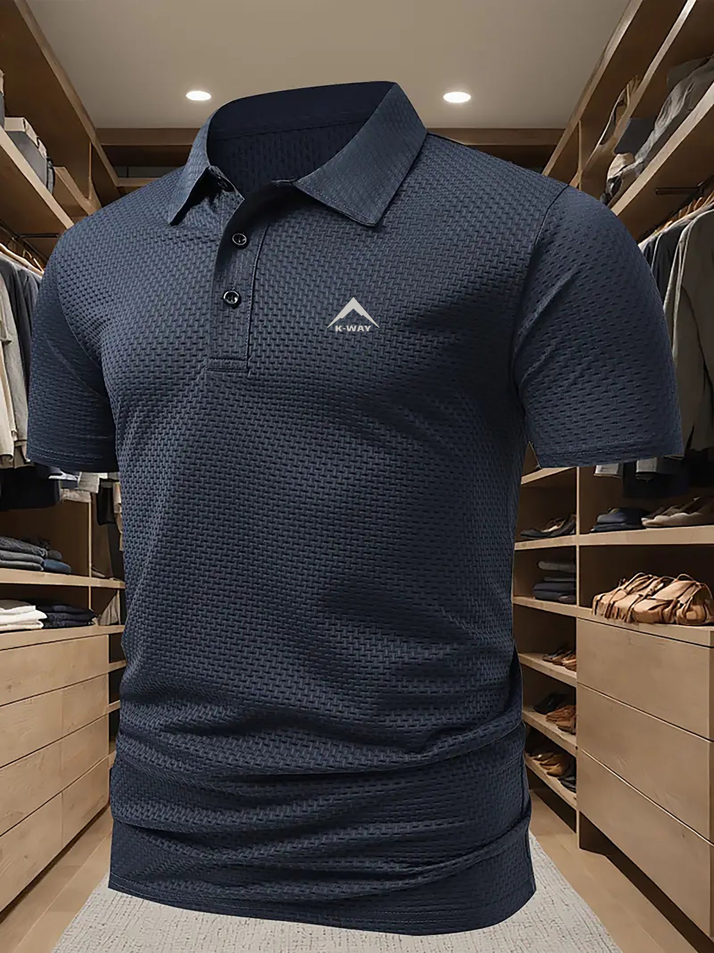 KWAY Men'S Breathable Mesh Short Sleeve Shirt - Lightweight Summer Golf & Business Casual Top with Moisture-Wicking Fabric, Regular Fit, Black with White Logo, Summer Golf Shirt | Stylish Collar Shirt | Moisturewicking Fabric
