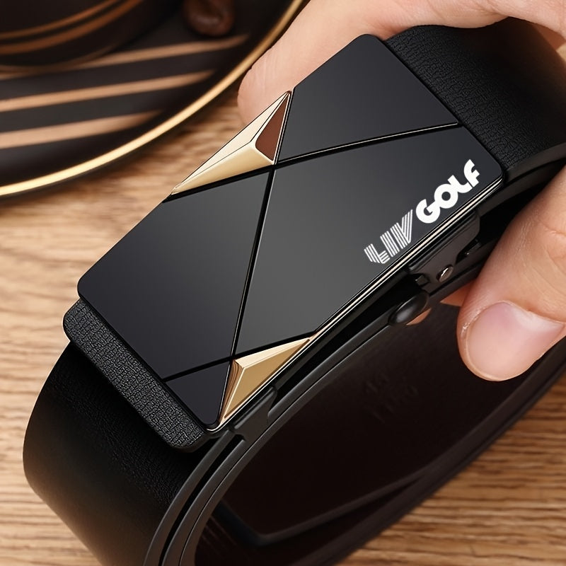 Men'S Golf Business Belt, Black Faux Leather, Fashion Golden Automatic Alloy Buckle, Durable, for Casual and Semi-Formal Wear