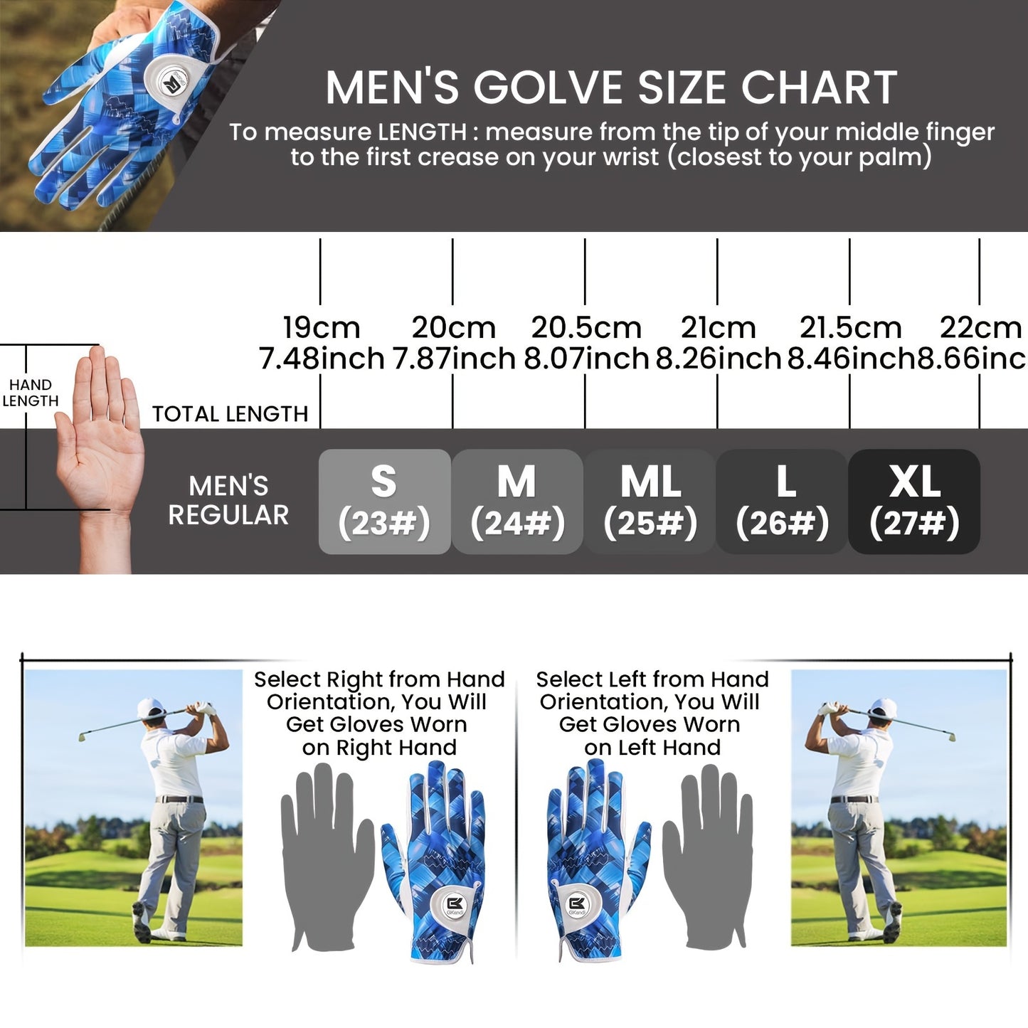 1 Pack Men's Golf Gloves with Marked Balls for Left and Right Hands, All-Weather Men's Golf Gloves Small Medium Large XL
