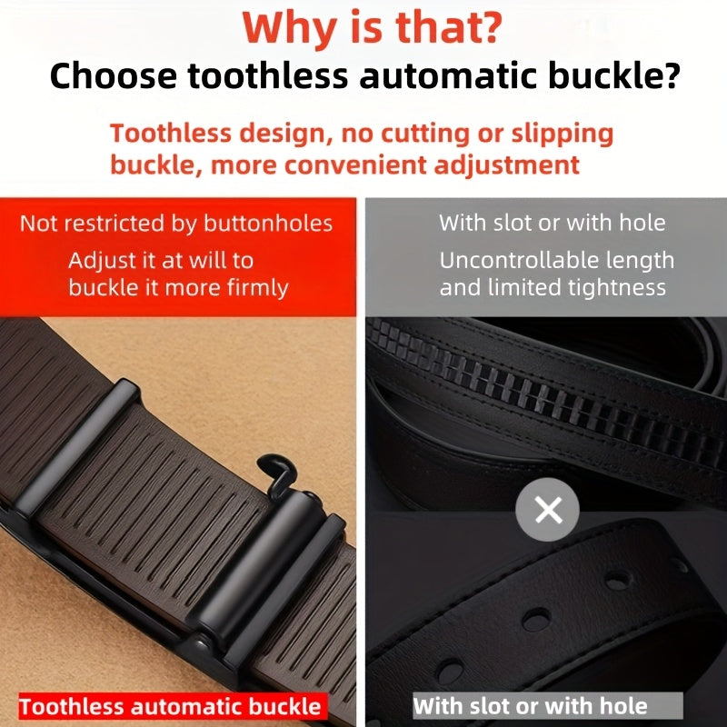 Men'S Golf Business Belt, Black Faux Leather, Fashion Golden Automatic Alloy Buckle, Durable, for Casual and Semi-Formal Wear