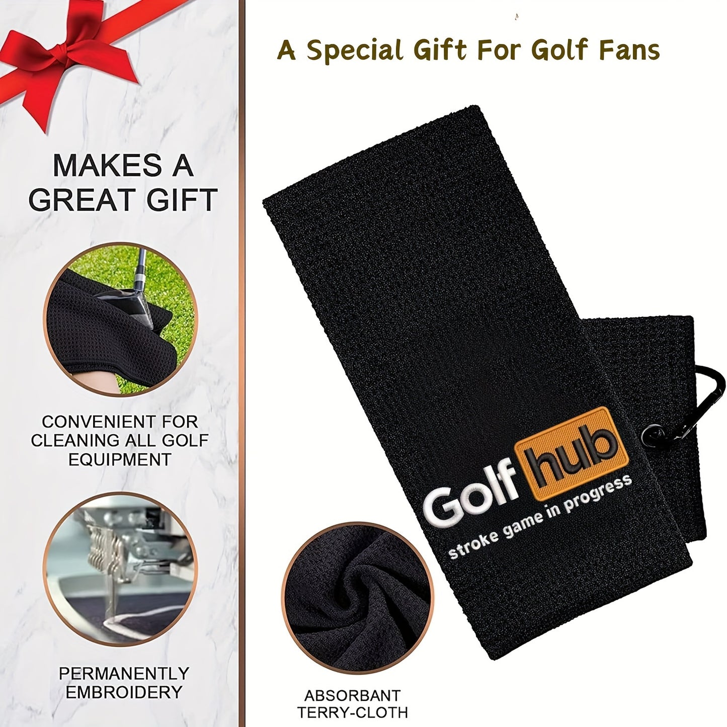 GolfHub Embroidered Microfiber Waffle Towel - High Absorbency, Quick-Dry with Heavy Duty Carabiner Clip - Perfect for Men & Women Golfers - Ideal Gift for Dad, Mom, Grandpa & Friends