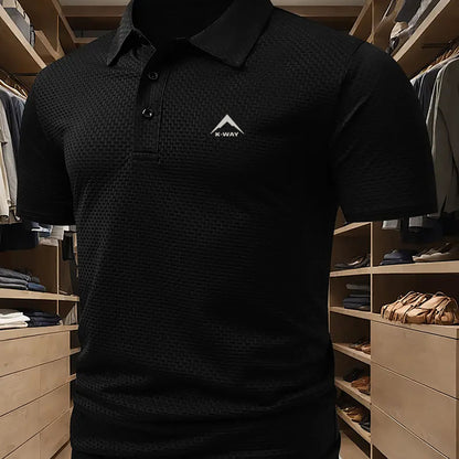 KWAY Men'S Breathable Mesh Short Sleeve Shirt - Lightweight Summer Golf & Business Casual Top with Moisture-Wicking Fabric, Regular Fit, Black with White Logo, Summer Golf Shirt | Stylish Collar Shirt | Moisturewicking Fabric