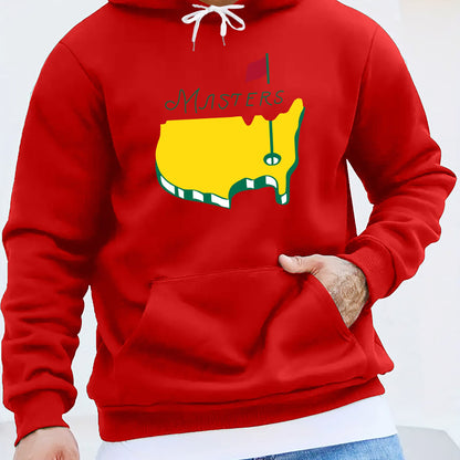 1pc Masters Logo Print Men'S Casual Hoodie, Polyester Knit Fabric with Slight Stretch, Regular Fit Hooded Sweatshirt