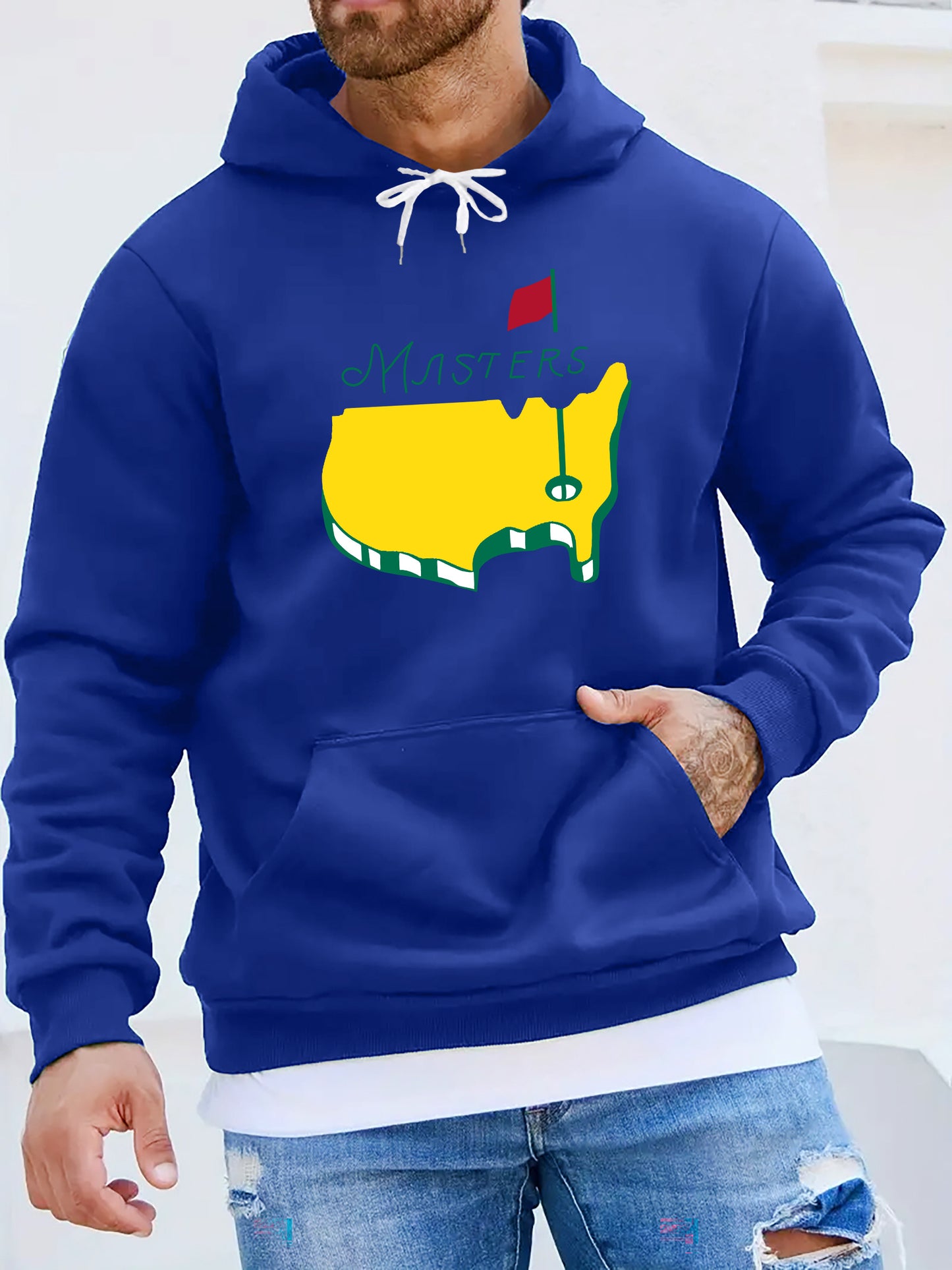 1pc Masters Logo Print Men'S Casual Hoodie, Polyester Knit Fabric with Slight Stretch, Regular Fit Hooded Sweatshirt