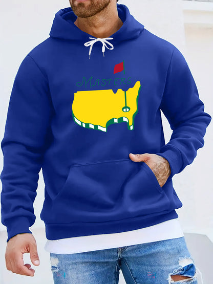 1pc Masters Logo Print Men'S Casual Hoodie, Polyester Knit Fabric with Slight Stretch, Regular Fit Hooded Sweatshirt