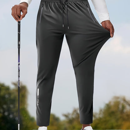Men's Solid Color Thin Golf Pants, High Elastic Fabric Waist Drawstring Sports Pants with Zipper Pockets for Playing Golf, Outdoor Jogging Cropped Pants