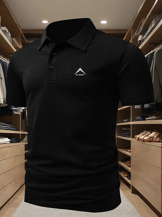 KWAY Men'S Breathable Mesh Short Sleeve Shirt - Lightweight Summer Golf & Business Casual Top with Moisture-Wicking Fabric, Regular Fit, Black with White Logo, Summer Golf Shirt | Stylish Collar Shirt | Moisturewicking Fabric