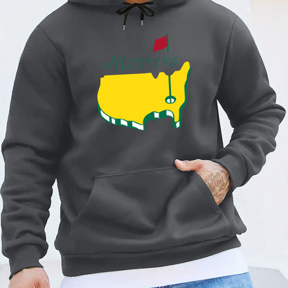 1pc Masters Logo Print Men'S Casual Hoodie, Polyester Knit Fabric with Slight Stretch, Regular Fit Hooded Sweatshirt