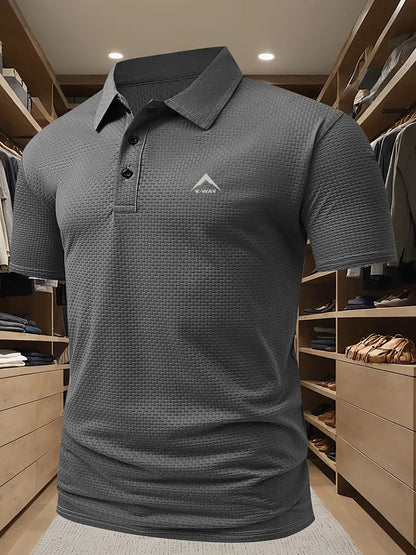 KWAY Men'S Breathable Mesh Short Sleeve Shirt - Lightweight Summer Golf & Business Casual Top with Moisture-Wicking Fabric, Regular Fit, Black with White Logo, Summer Golf Shirt | Stylish Collar Shirt | Moisturewicking Fabric