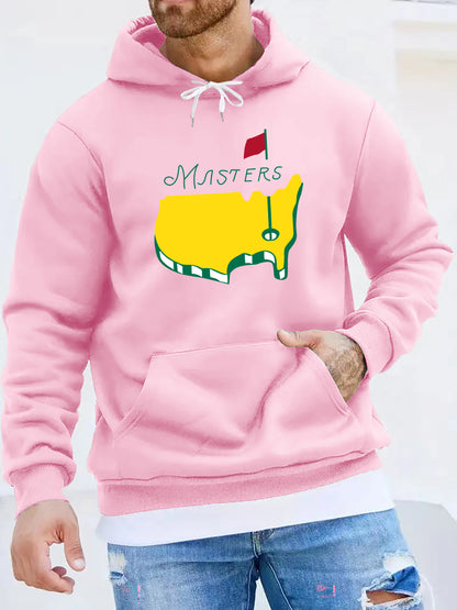 1pc Masters Logo Print Men'S Casual Hoodie, Polyester Knit Fabric with Slight Stretch, Regular Fit Hooded Sweatshirt