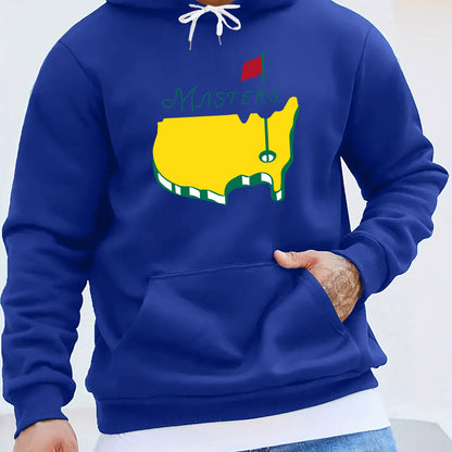 1pc Masters Logo Print Men'S Casual Hoodie, Polyester Knit Fabric with Slight Stretch, Regular Fit Hooded Sweatshirt