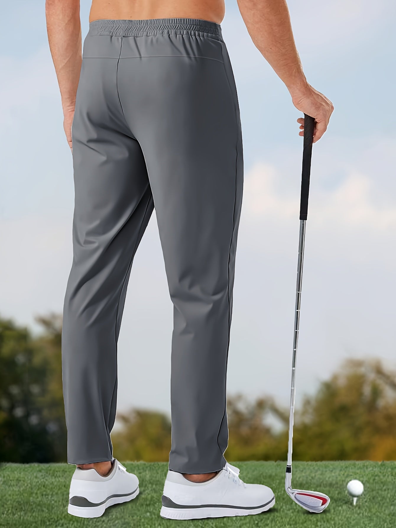 Men's Solid Color Thin Golf Pants, High Elastic Fabric Waist Drawstring Sports Pants with Zipper Pockets for Playing Golf, Outdoor Jogging Cropped Pants