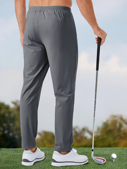 Men's Solid Color Thin Golf Pants, High Elastic Fabric Waist Drawstring Sports Pants with Zipper Pockets for Playing Golf, Outdoor Jogging Cropped Pants