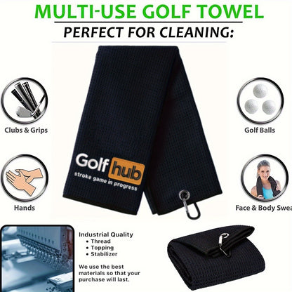 GolfHub Embroidered Microfiber Waffle Towel - High Absorbency, Quick-Dry with Heavy Duty Carabiner Clip - Perfect for Men & Women Golfers - Ideal Gift for Dad, Mom, Grandpa & Friends