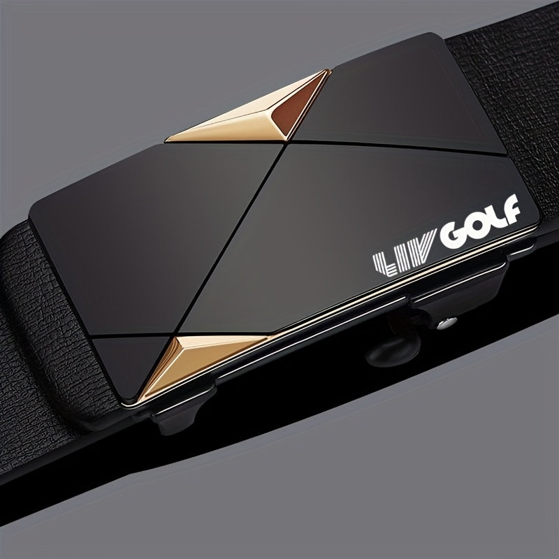 Men'S Golf Business Belt, Black Faux Leather, Fashion Golden Automatic Alloy Buckle, Durable, for Casual and Semi-Formal Wear