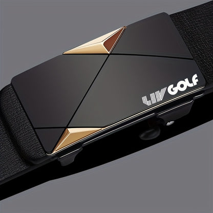 Men'S Golf Business Belt, Black Faux Leather, Fashion Golden Automatic Alloy Buckle, Durable, for Casual and Semi-Formal Wear