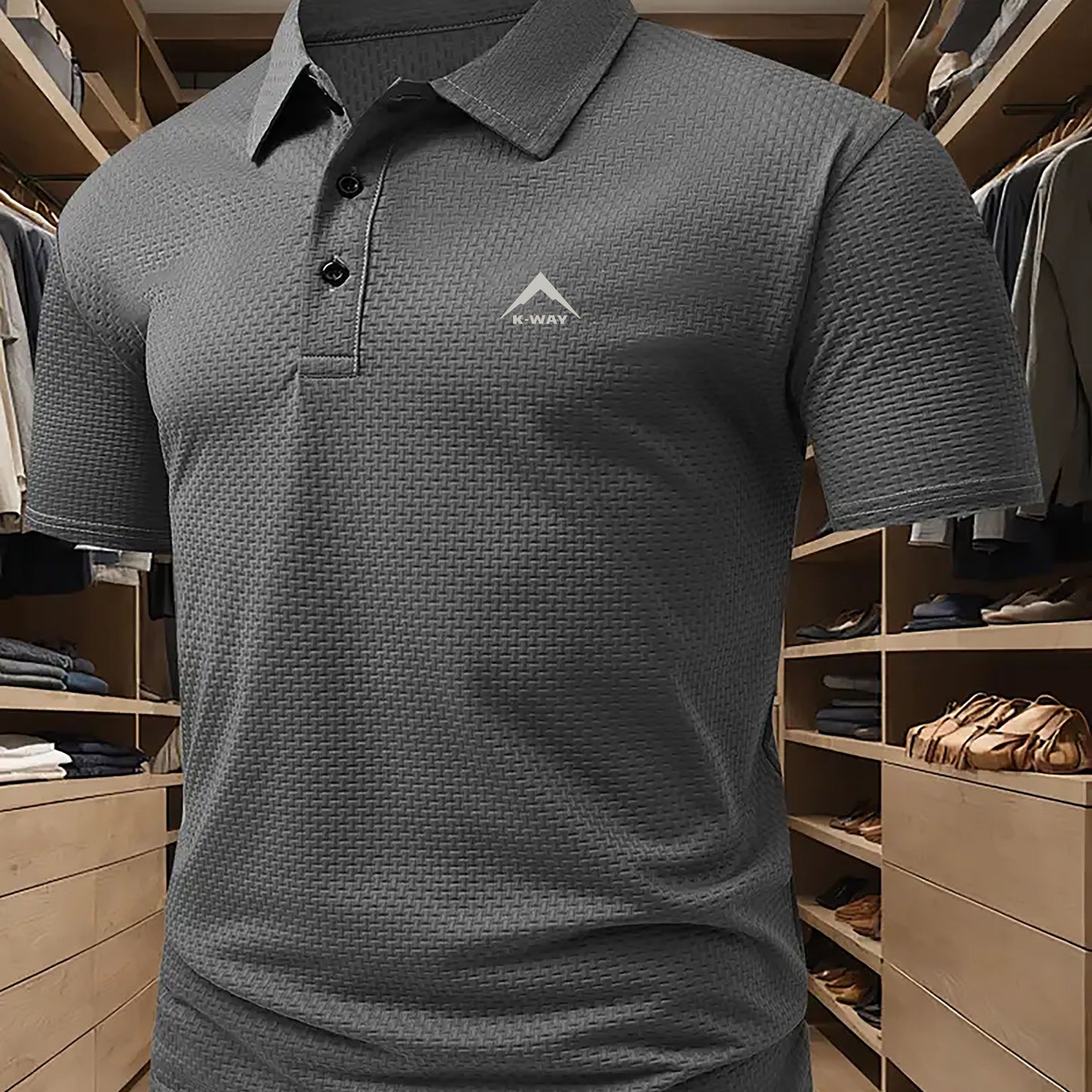 KWAY Men'S Breathable Mesh Short Sleeve Shirt - Lightweight Summer Golf & Business Casual Top with Moisture-Wicking Fabric, Regular Fit, Black with White Logo, Summer Golf Shirt | Stylish Collar Shirt | Moisturewicking Fabric