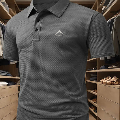 KWAY Men'S Breathable Mesh Short Sleeve Shirt - Lightweight Summer Golf & Business Casual Top with Moisture-Wicking Fabric, Regular Fit, Black with White Logo, Summer Golf Shirt | Stylish Collar Shirt | Moisturewicking Fabric