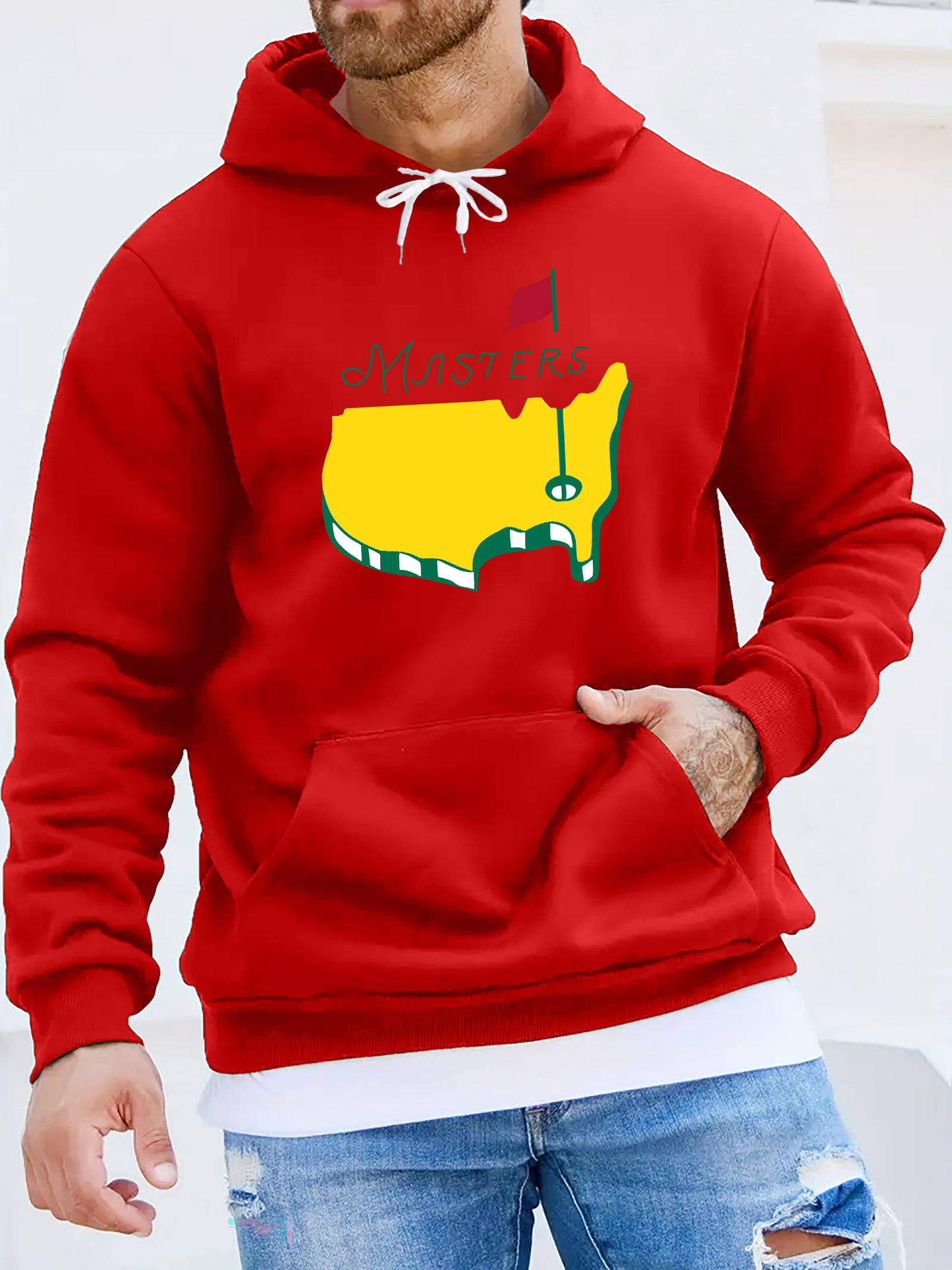 1pc Masters Logo Print Men'S Casual Hoodie, Polyester Knit Fabric with Slight Stretch, Regular Fit Hooded Sweatshirt