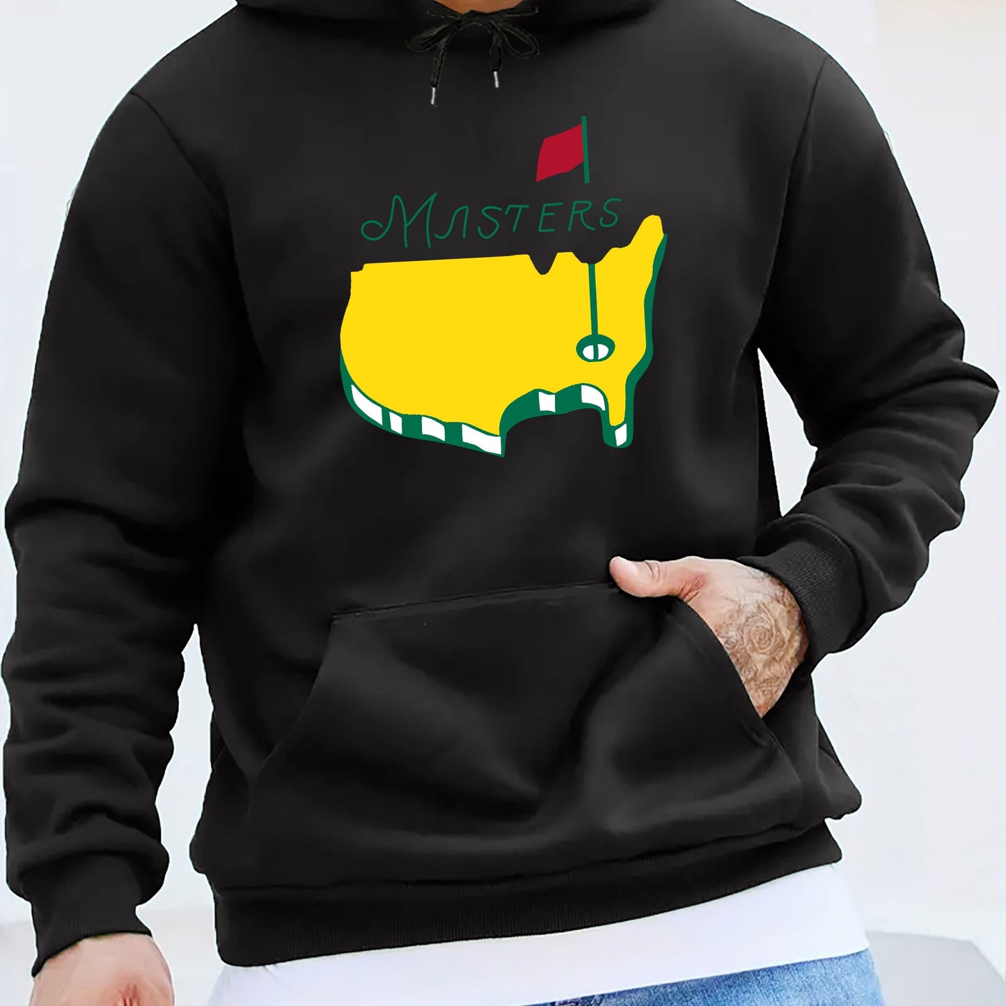 1pc Masters Logo Print Men'S Casual Hoodie, Polyester Knit Fabric with Slight Stretch, Regular Fit Hooded Sweatshirt