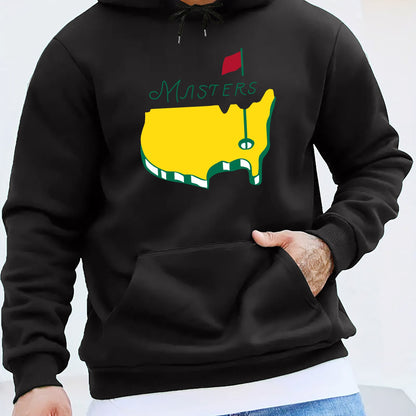1pc Masters Logo Print Men'S Casual Hoodie, Polyester Knit Fabric with Slight Stretch, Regular Fit Hooded Sweatshirt