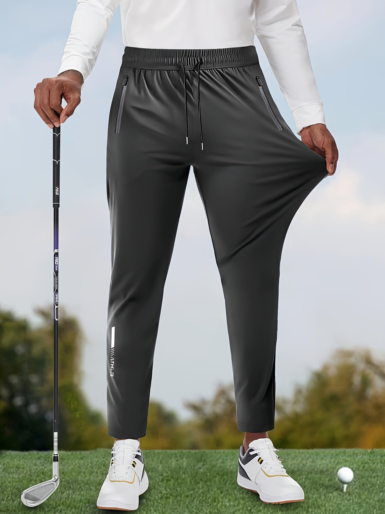 Men's Solid Color Thin Golf Pants, High Elastic Fabric Waist Drawstring Sports Pants with Zipper Pockets for Playing Golf, Outdoor Jogging Cropped Pants