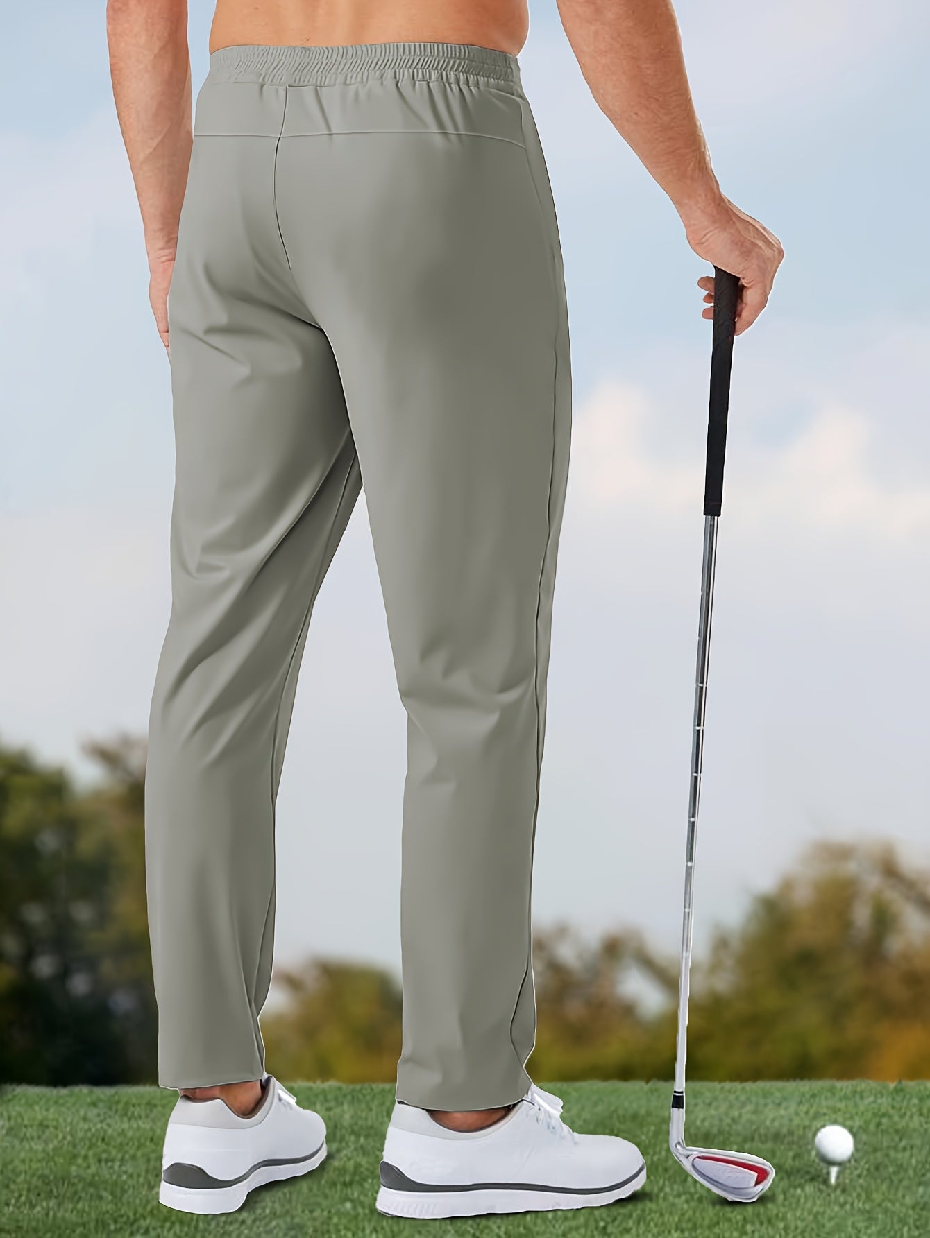 Men's Solid Color Thin Golf Pants, High Elastic Fabric Waist Drawstring Sports Pants with Zipper Pockets for Playing Golf, Outdoor Jogging Cropped Pants