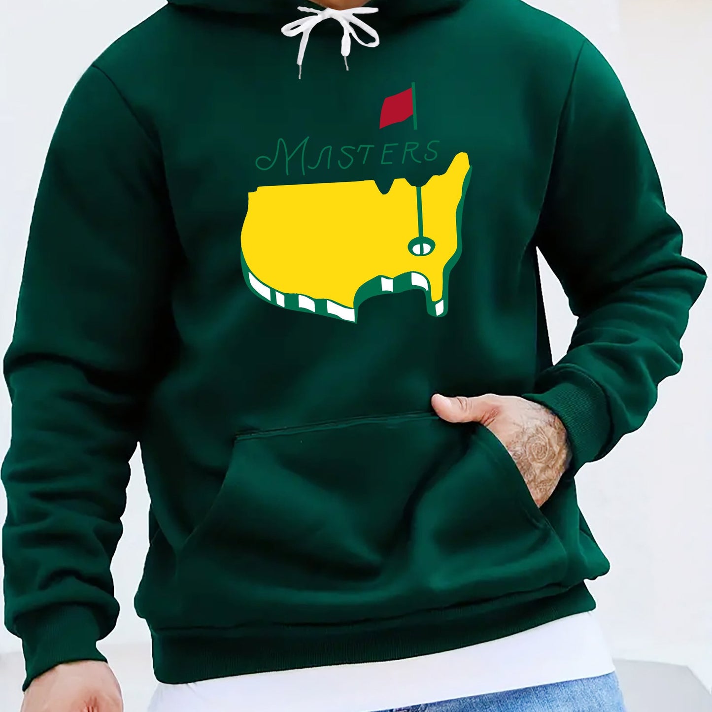 1pc Masters Logo Print Men'S Casual Hoodie, Polyester Knit Fabric with Slight Stretch, Regular Fit Hooded Sweatshirt