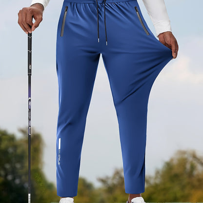 Men's Solid Color Thin Golf Pants, High Elastic Fabric Waist Drawstring Sports Pants with Zipper Pockets for Playing Golf, Outdoor Jogging Cropped Pants