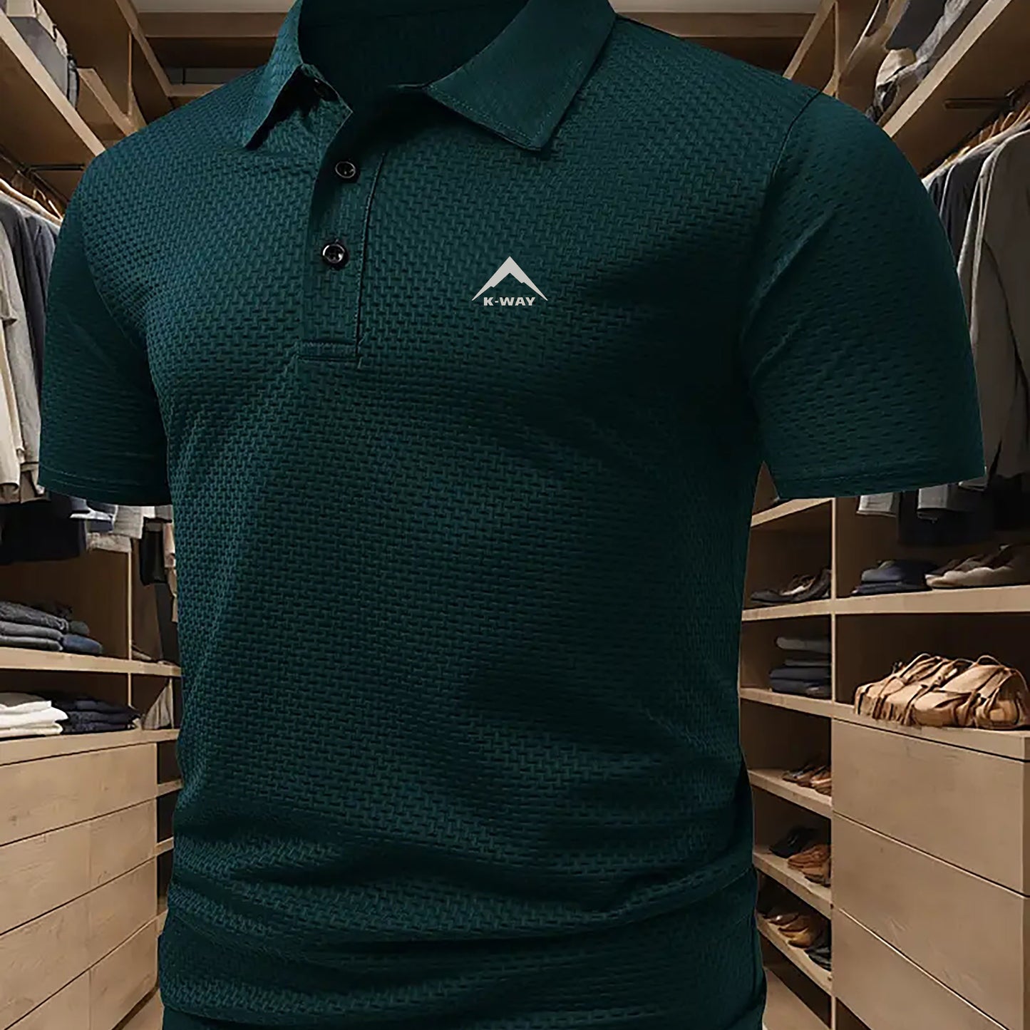 KWAY Men'S Breathable Mesh Short Sleeve Shirt - Lightweight Summer Golf & Business Casual Top with Moisture-Wicking Fabric, Regular Fit, Black with White Logo, Summer Golf Shirt | Stylish Collar Shirt | Moisturewicking Fabric
