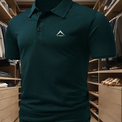 KWAY Men'S Breathable Mesh Short Sleeve Shirt - Lightweight Summer Golf & Business Casual Top with Moisture-Wicking Fabric, Regular Fit, Black with White Logo, Summer Golf Shirt | Stylish Collar Shirt | Moisturewicking Fabric