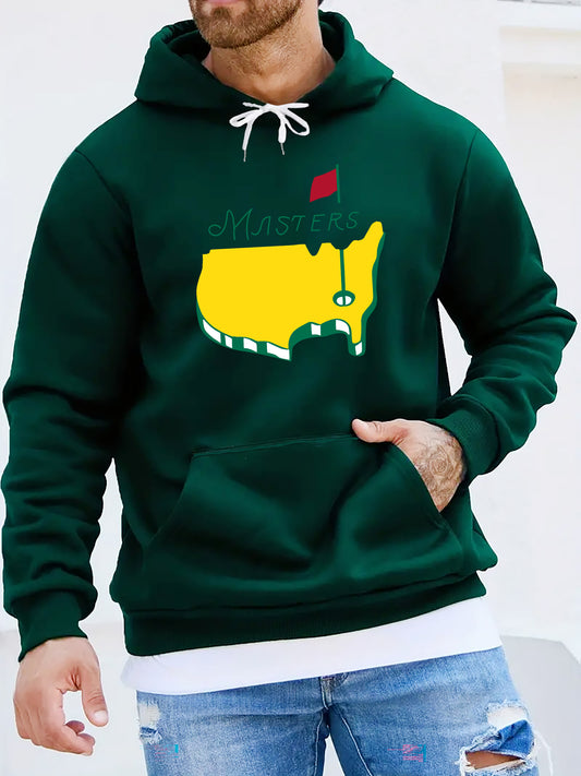 1pc Masters Logo Print Men'S Casual Hoodie, Polyester Knit Fabric with Slight Stretch, Regular Fit Hooded Sweatshirt