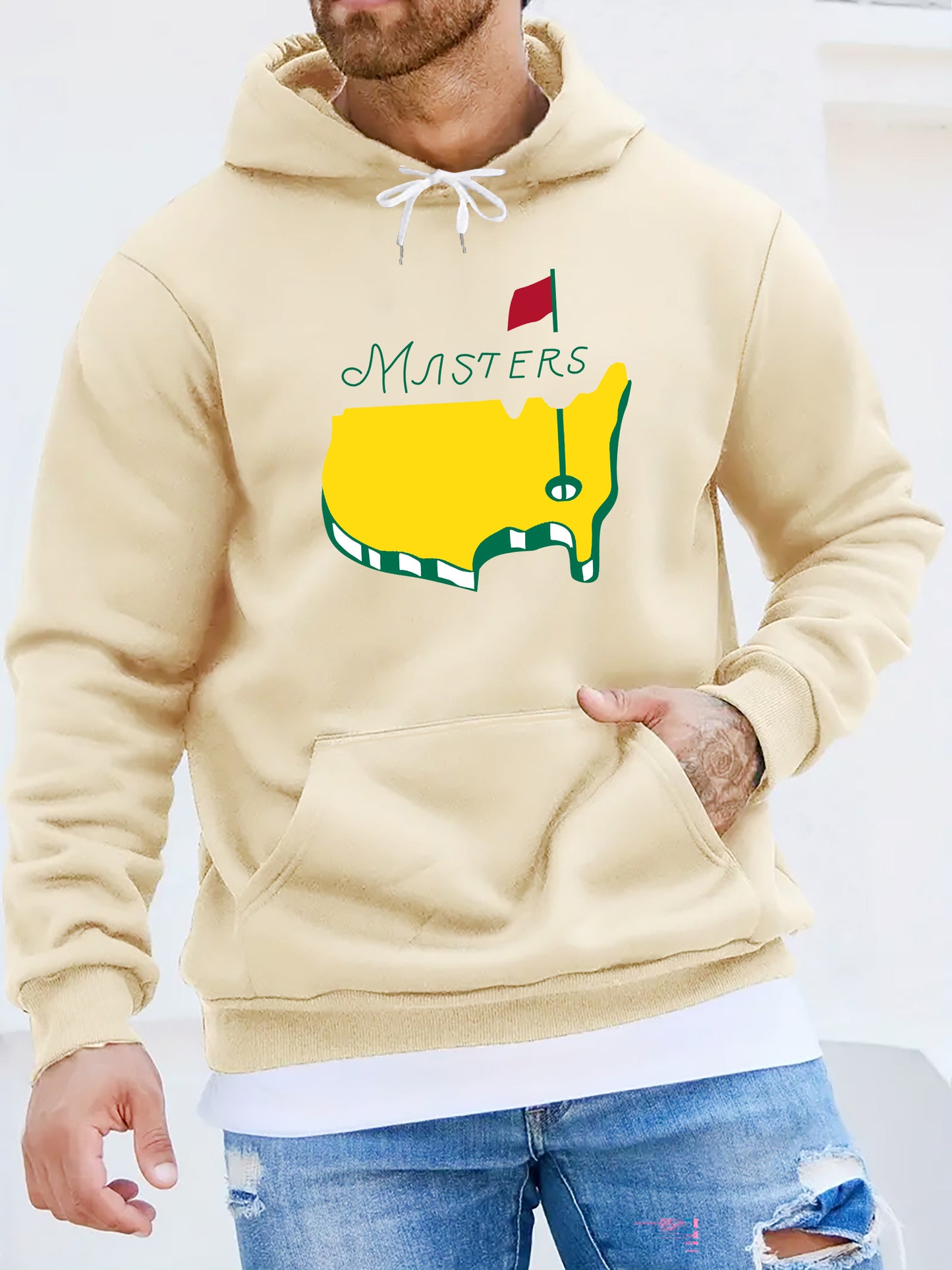1pc Masters Logo Print Men'S Casual Hoodie, Polyester Knit Fabric with Slight Stretch, Regular Fit Hooded Sweatshirt