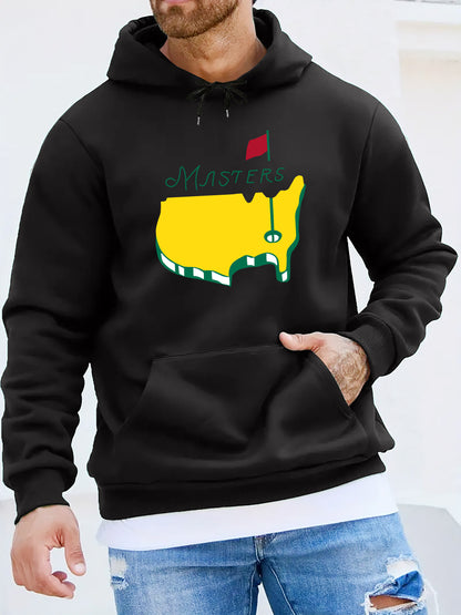 1pc Masters Logo Print Men'S Casual Hoodie, Polyester Knit Fabric with Slight Stretch, Regular Fit Hooded Sweatshirt