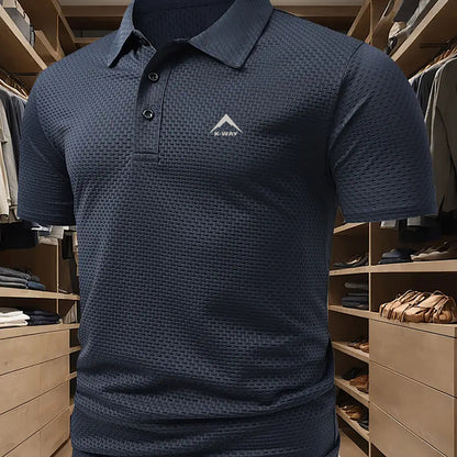 KWAY Men'S Breathable Mesh Short Sleeve Shirt - Lightweight Summer Golf & Business Casual Top with Moisture-Wicking Fabric, Regular Fit, Black with White Logo, Summer Golf Shirt | Stylish Collar Shirt | Moisturewicking Fabric