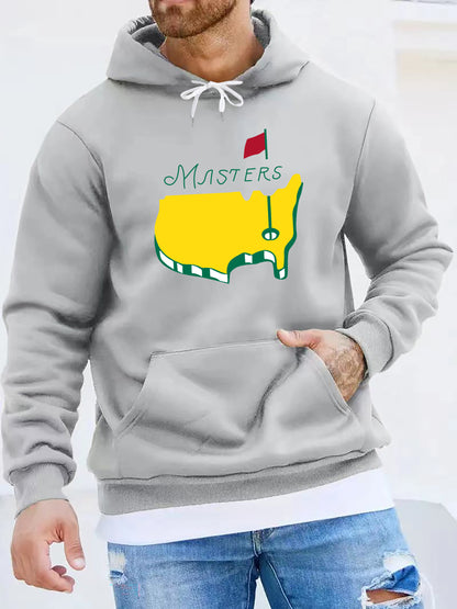 1pc Masters Logo Print Men'S Casual Hoodie, Polyester Knit Fabric with Slight Stretch, Regular Fit Hooded Sweatshirt