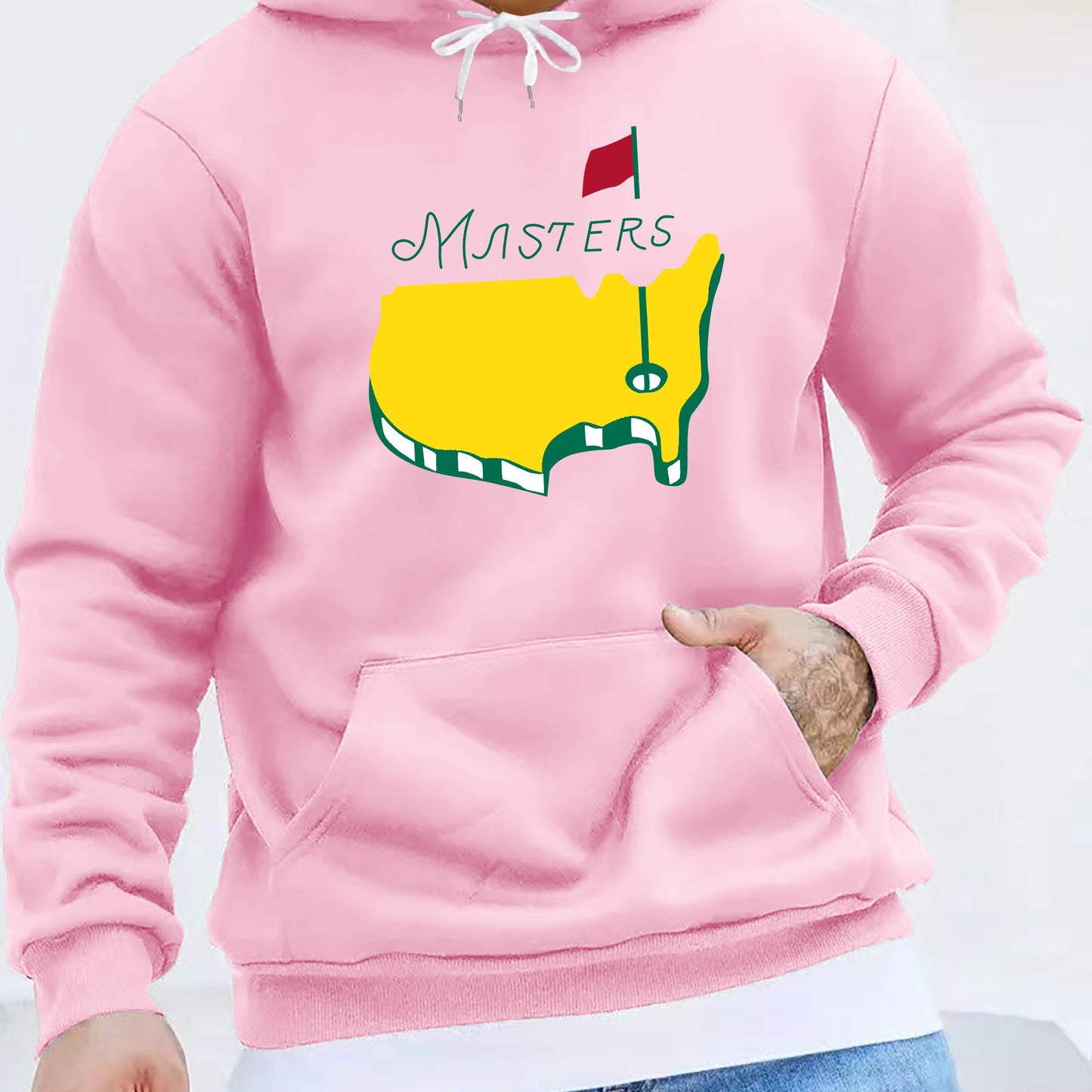1pc Masters Logo Print Men'S Casual Hoodie, Polyester Knit Fabric with Slight Stretch, Regular Fit Hooded Sweatshirt