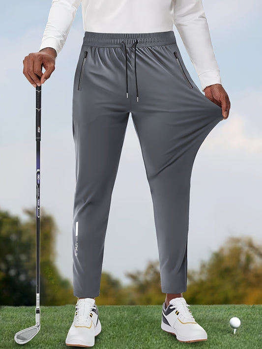 Men's Solid Color Thin Golf Pants, High Elastic Fabric Waist Drawstring Sports Pants with Zipper Pockets for Playing Golf, Outdoor Jogging Cropped Pants