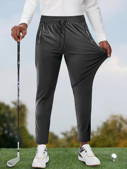 Men's Solid Color Thin Golf Pants, High Elastic Fabric Waist Drawstring Sports Pants with Zipper Pockets for Playing Golf, Outdoor Jogging Cropped Pants