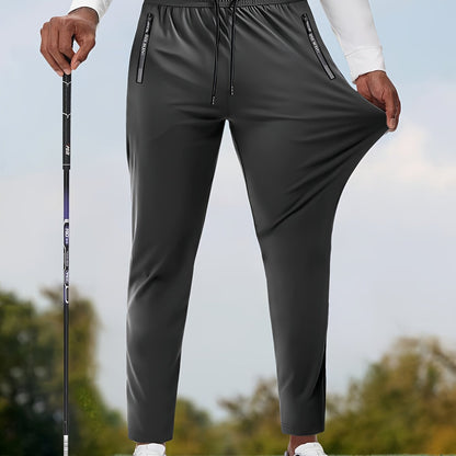 Men's Solid Color Thin Golf Pants, High Elastic Fabric Waist Drawstring Sports Pants with Zipper Pockets for Playing Golf, Outdoor Jogging Cropped Pants