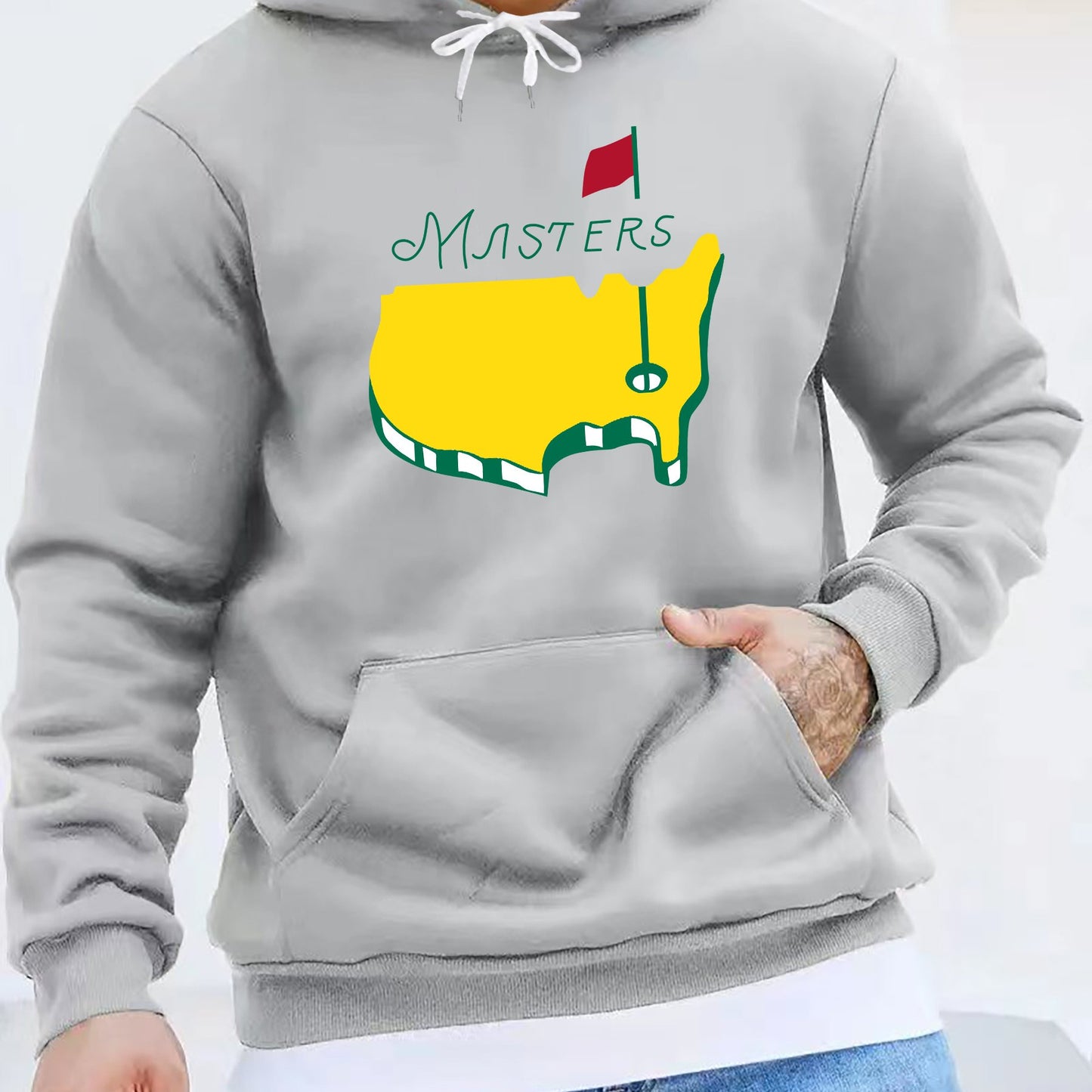 1pc Masters Logo Print Men'S Casual Hoodie, Polyester Knit Fabric with Slight Stretch, Regular Fit Hooded Sweatshirt