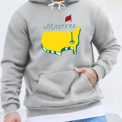 1pc Masters Logo Print Men'S Casual Hoodie, Polyester Knit Fabric with Slight Stretch, Regular Fit Hooded Sweatshirt