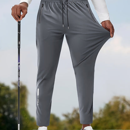 Men's Solid Color Thin Golf Pants, High Elastic Fabric Waist Drawstring Sports Pants with Zipper Pockets for Playing Golf, Outdoor Jogging Cropped Pants