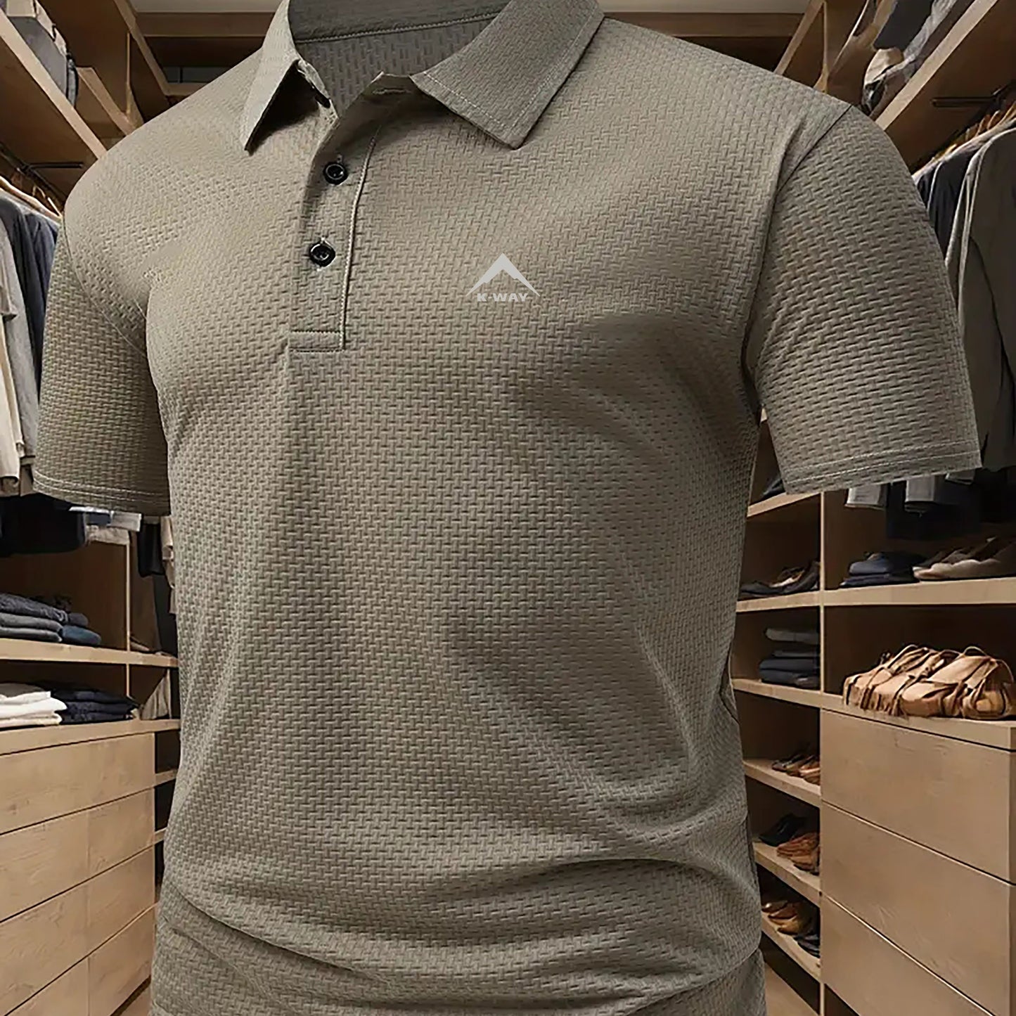 KWAY Men'S Breathable Mesh Short Sleeve Shirt - Lightweight Summer Golf & Business Casual Top with Moisture-Wicking Fabric, Regular Fit, Black with White Logo, Summer Golf Shirt | Stylish Collar Shirt | Moisturewicking Fabric