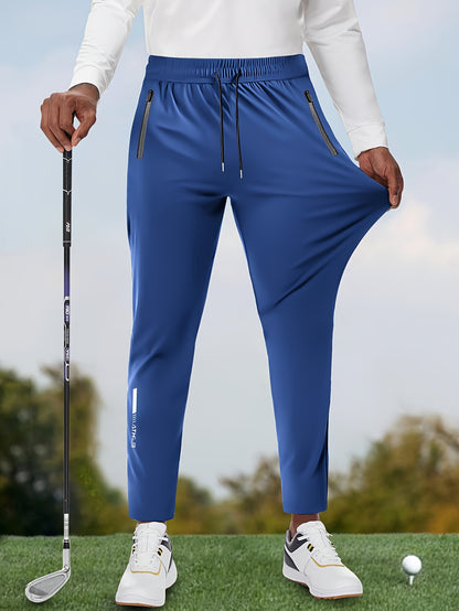 Men's Solid Color Thin Golf Pants, High Elastic Fabric Waist Drawstring Sports Pants with Zipper Pockets for Playing Golf, Outdoor Jogging Cropped Pants