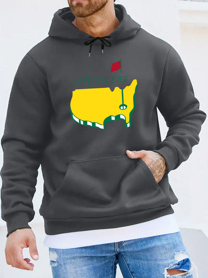 1pc Masters Logo Print Men'S Casual Hoodie, Polyester Knit Fabric with Slight Stretch, Regular Fit Hooded Sweatshirt
