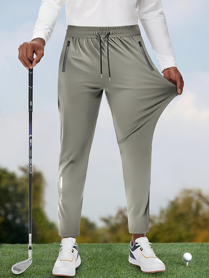 Men's Solid Color Thin Golf Pants, High Elastic Fabric Waist Drawstring Sports Pants with Zipper Pockets for Playing Golf, Outdoor Jogging Cropped Pants