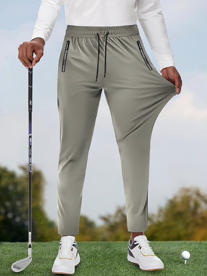 Men's Solid Color Thin Golf Pants, High Elastic Fabric Waist Drawstring Sports Pants with Zipper Pockets for Playing Golf, Outdoor Jogging Cropped Pants